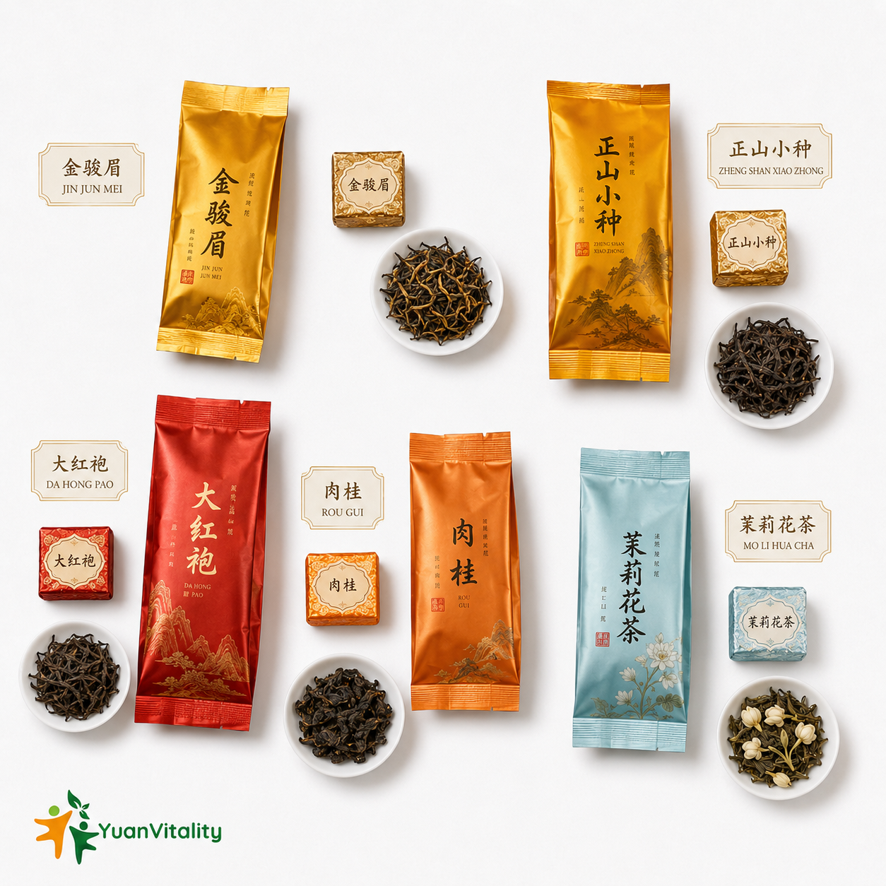 Chinese Tea Luxury Gift Set Jin Jun Mei Lapsang Souchong Da Hong Pao Rougui Jasmine Tea