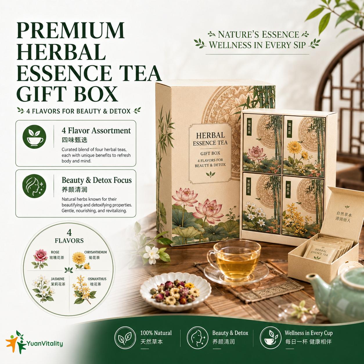 Herbal Essence Tea Gift Box 4 Flavors Beauty Detox Tea Set